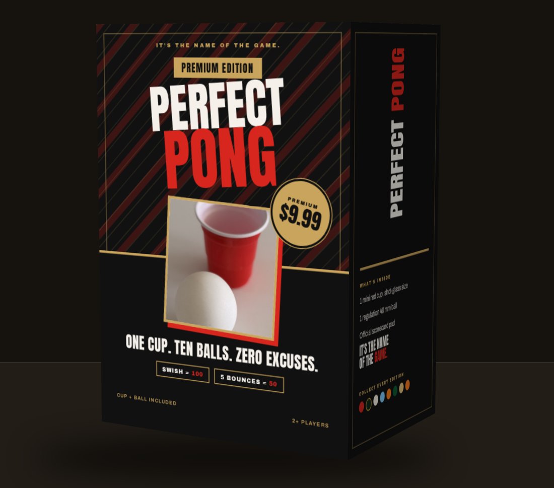 The Perfect Pong premium box: matte black with gold foil and a window showing the mini red cup and ball